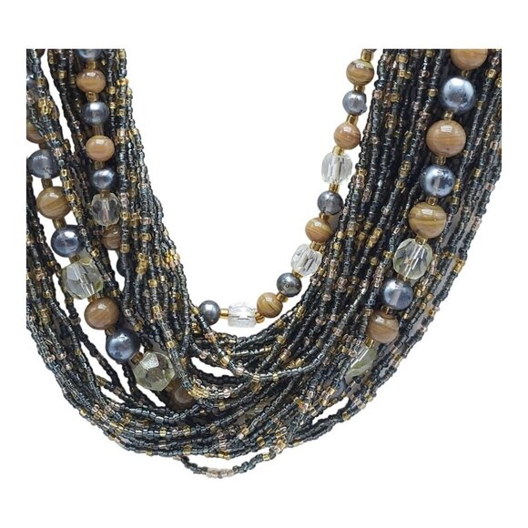 Multi Strand Beaded Statement Necklace Gold Tone Hook Clasp JAPAN Vintage - Picture 3 of 8
